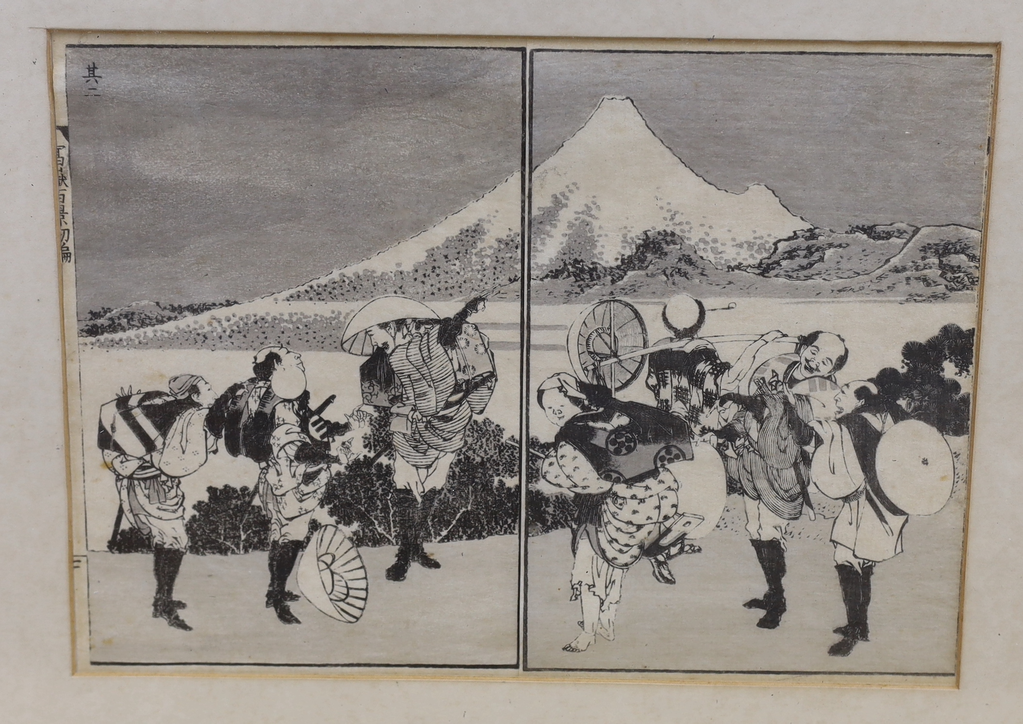 Four Japanese woodblock prints including a Japanese woodblock example after Toyohara Kunichika, largest 39 x 26cm